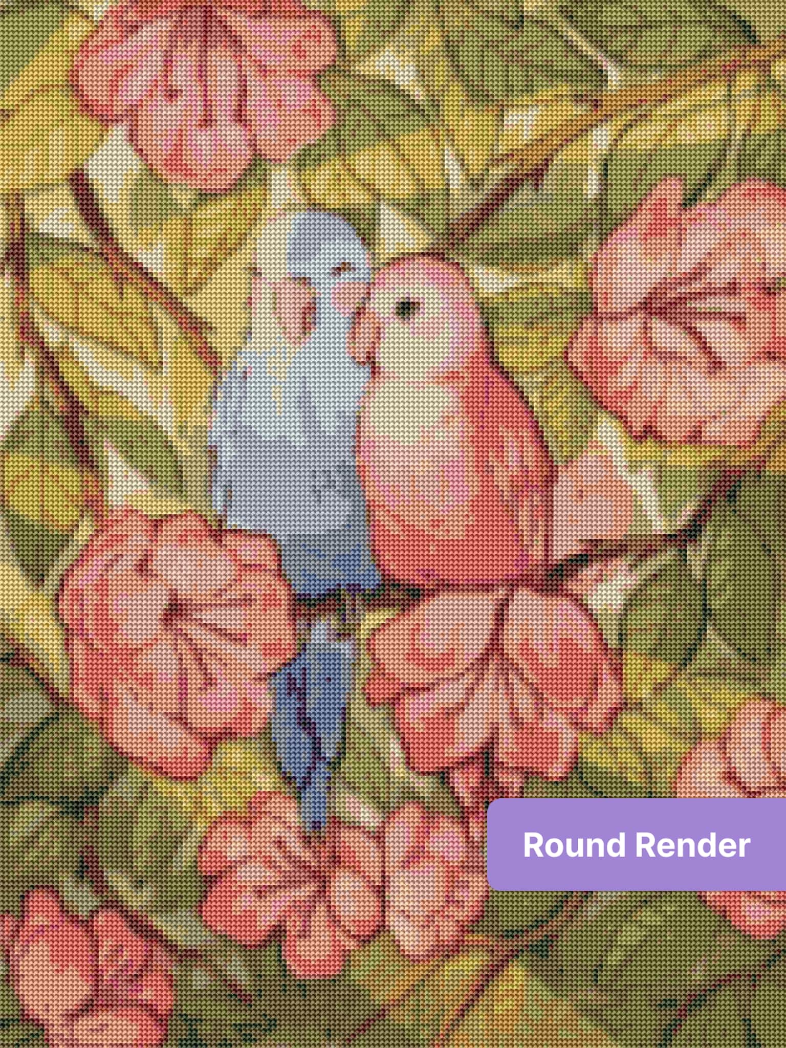 Two colorful parrots perched among pink flowers and green tropical leaves, watercolor style