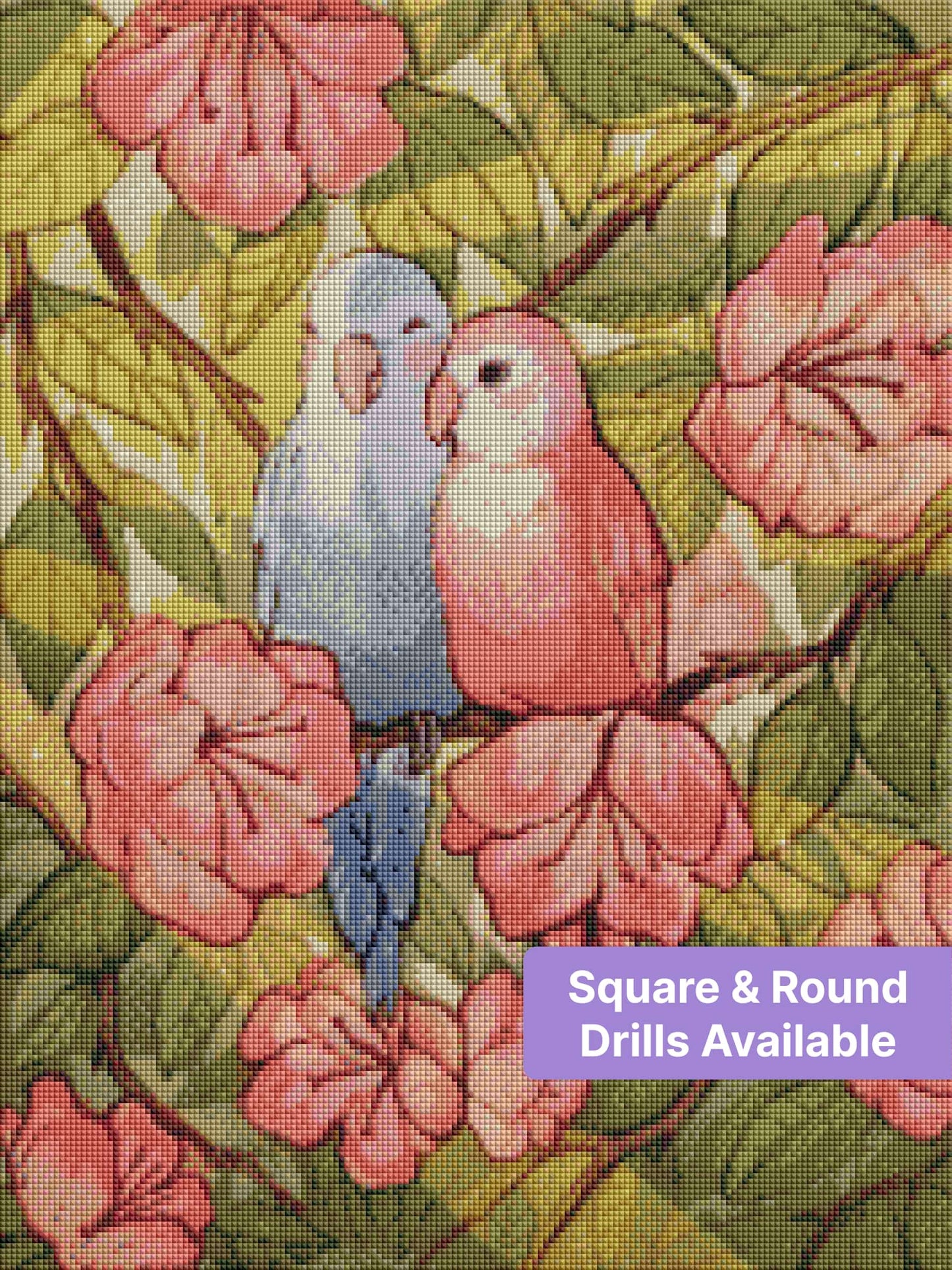 Two colorful parrots perched among pink flowers and green tropical leaves, watercolor style
