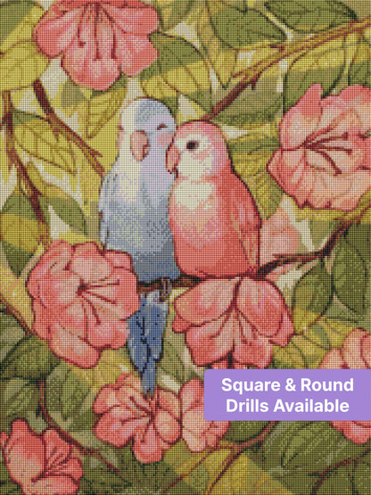 Two colorful parrots perched among pink flowers and green tropical leaves, watercolor style