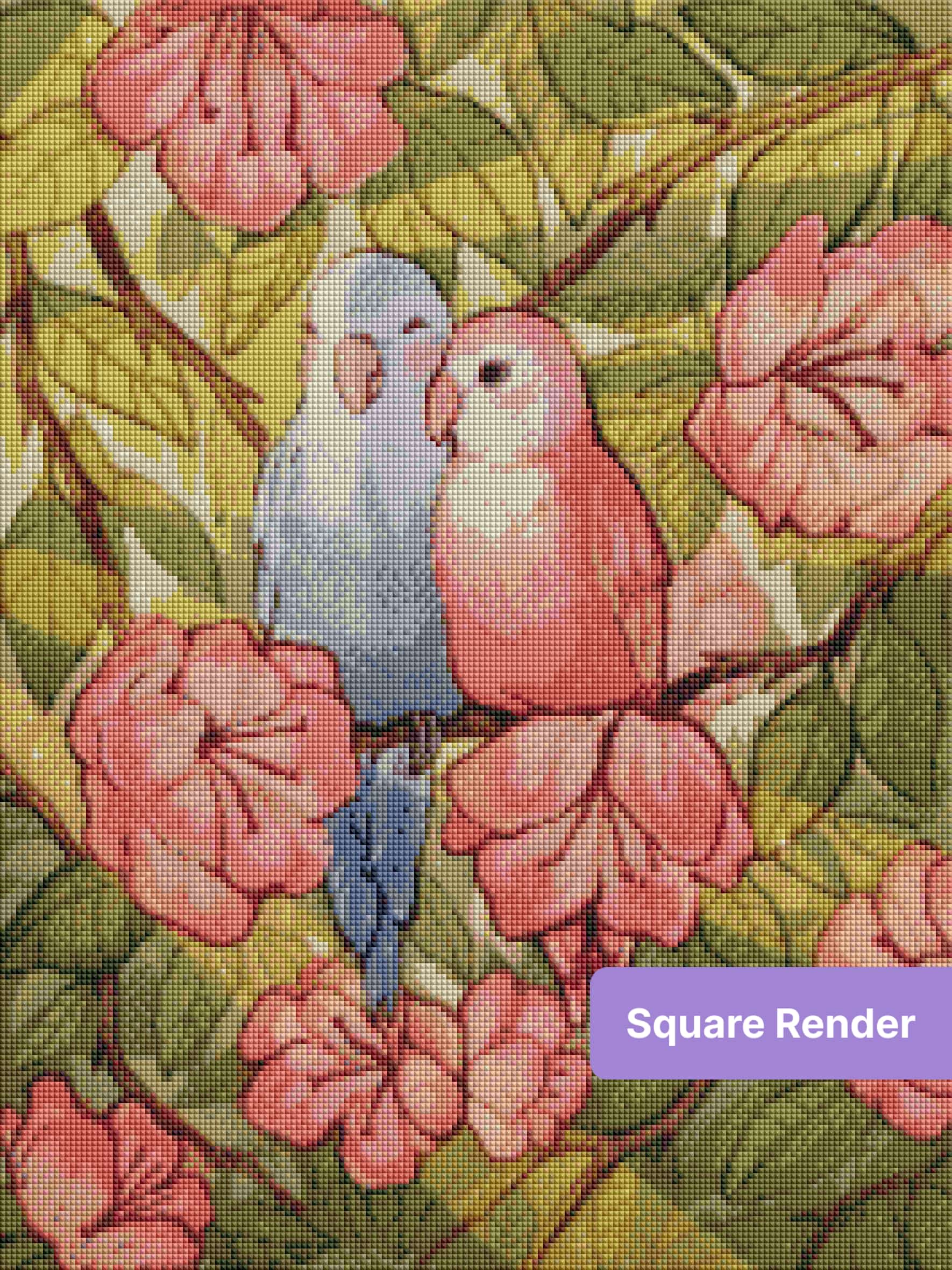Two colorful parrots perched among pink flowers and green tropical leaves, watercolor style