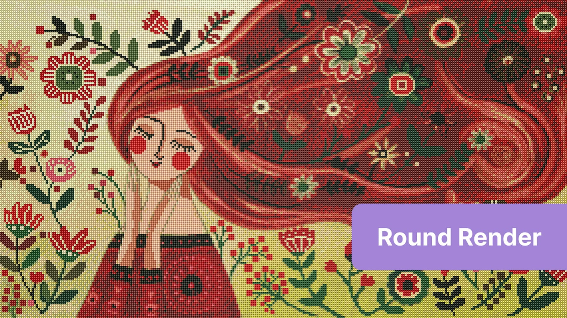 Whimsical girl with flowing red hair surrounded by colorful flowers in folk art style