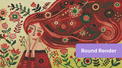 Whimsical girl with flowing red hair surrounded by colorful flowers in folk art style