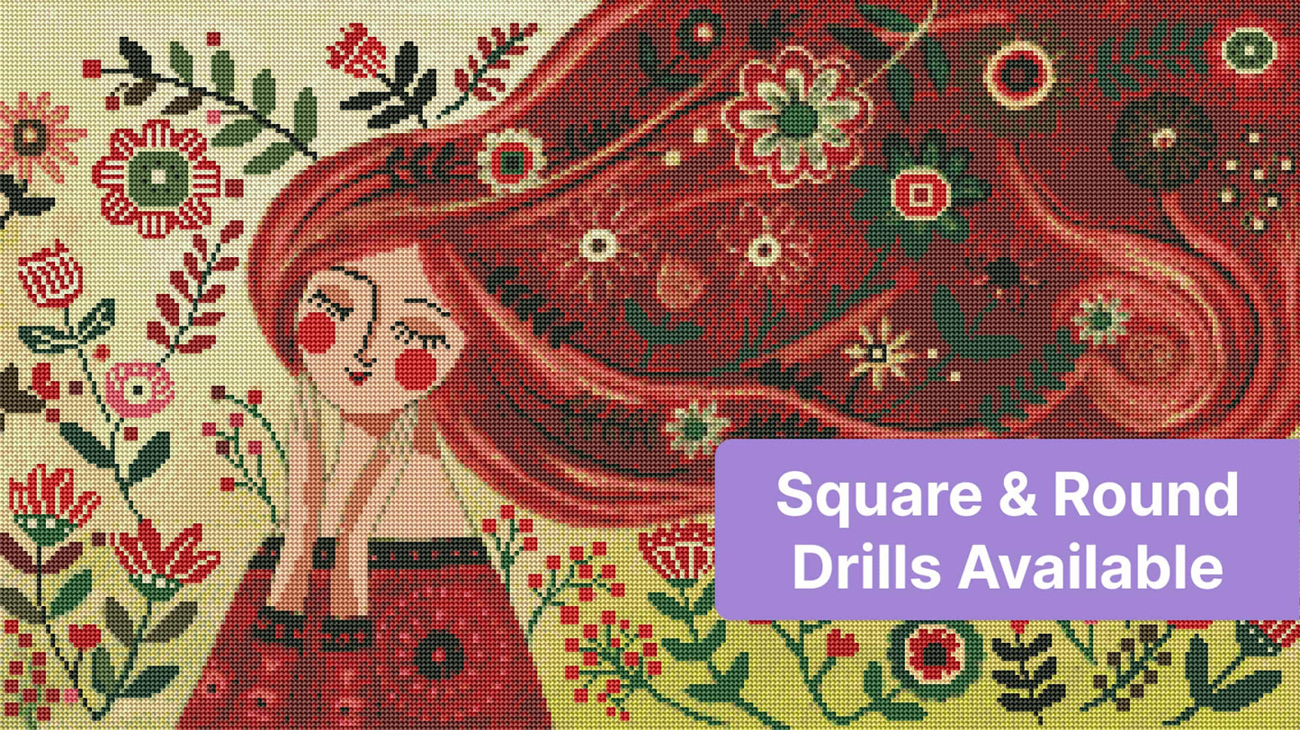 Whimsical girl with flowing red hair surrounded by colorful flowers in folk art style