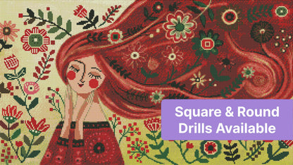 Whimsical girl with flowing red hair surrounded by colorful flowers in folk art style