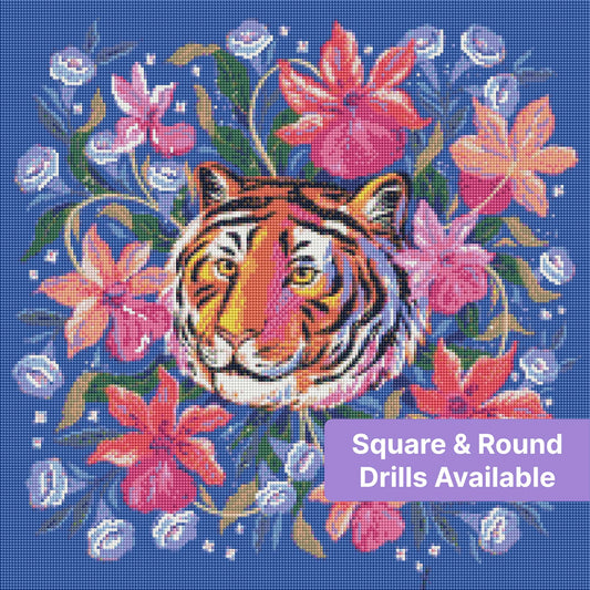 Illustrated tiger surrounded by bright tropical flowers on a deep blue background