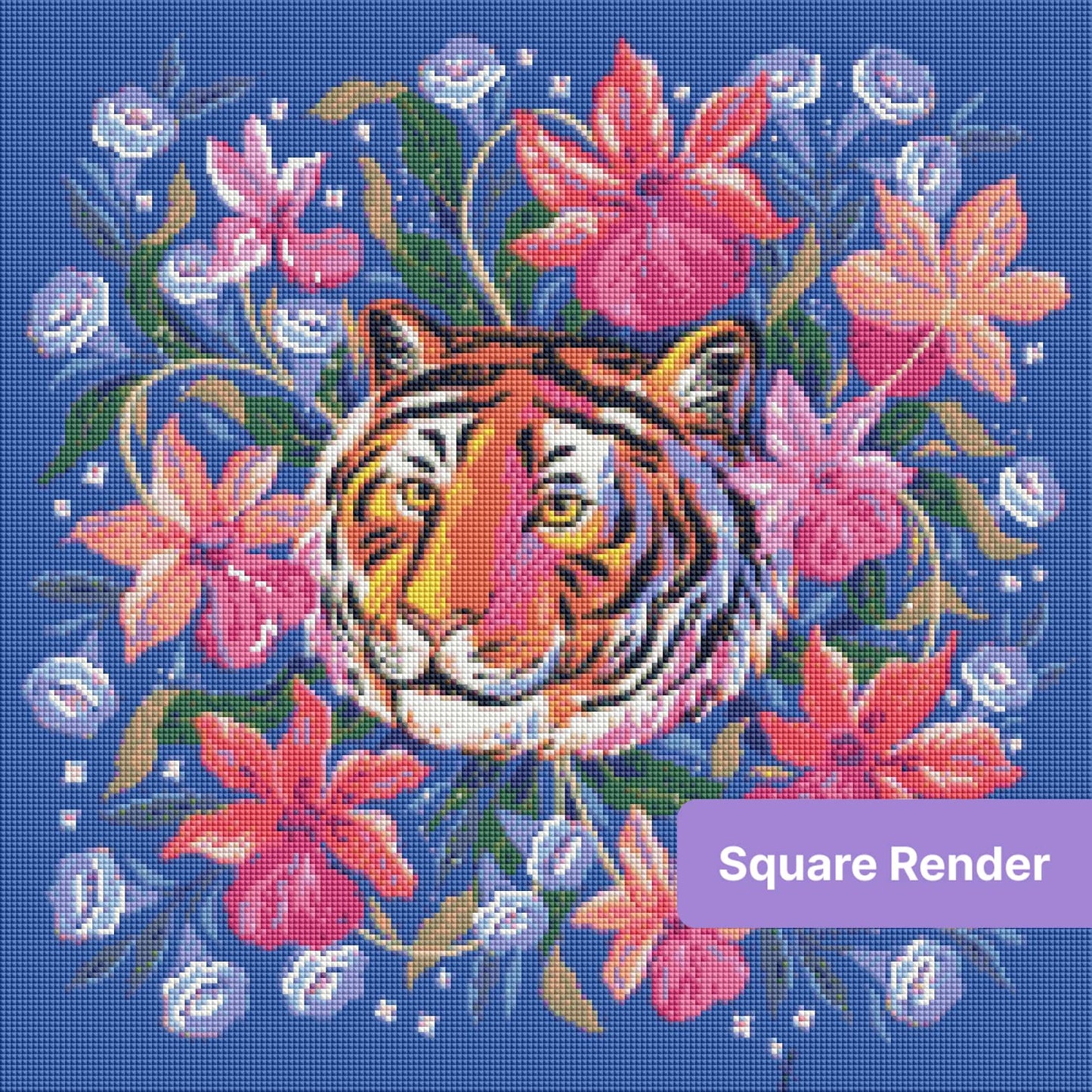 Illustrated tiger surrounded by bright tropical flowers on a deep blue background