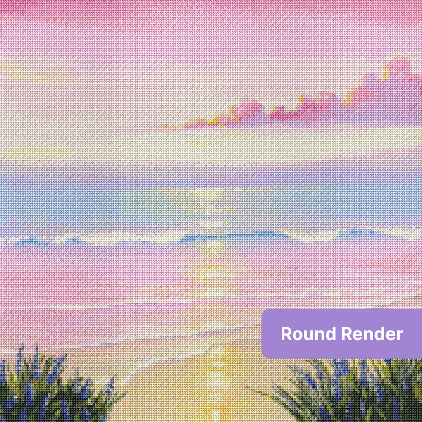 Pastel pink sunset beach scene with shimmering water and lavender flowers in the foreground