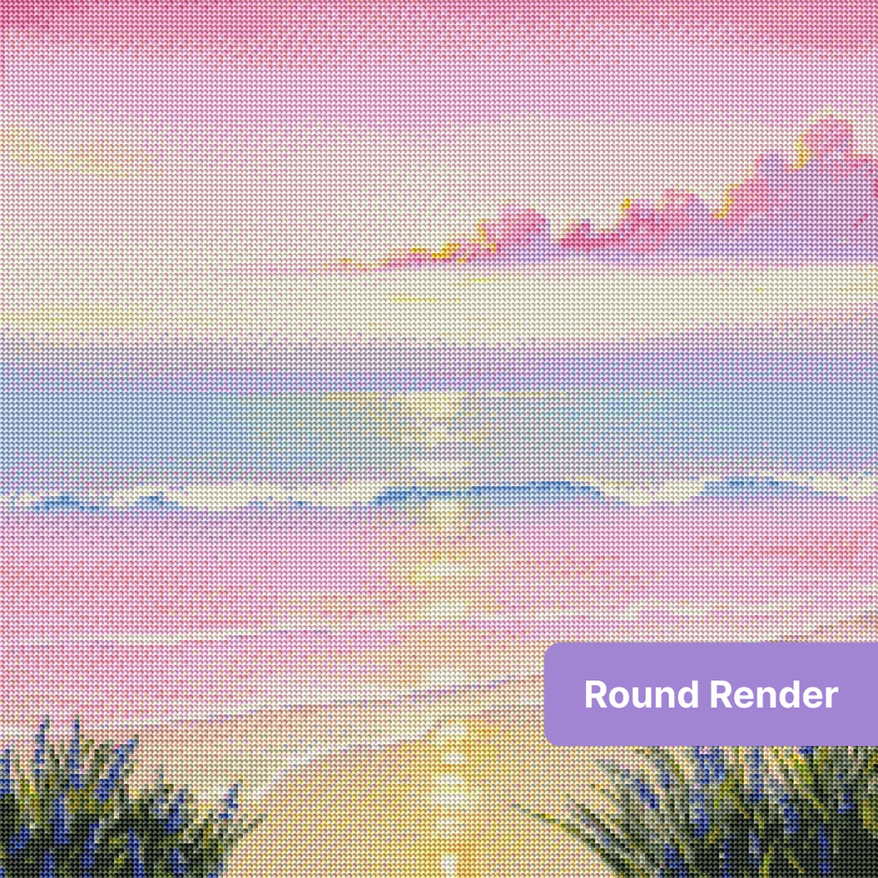 Pastel pink sunset beach scene with shimmering water and lavender flowers in the foreground