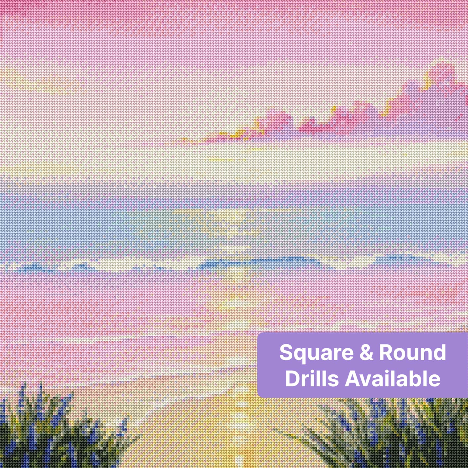 Pastel pink sunset beach scene with shimmering water and lavender flowers in the foreground