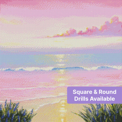 Pastel pink sunset beach scene with shimmering water and lavender flowers in the foreground