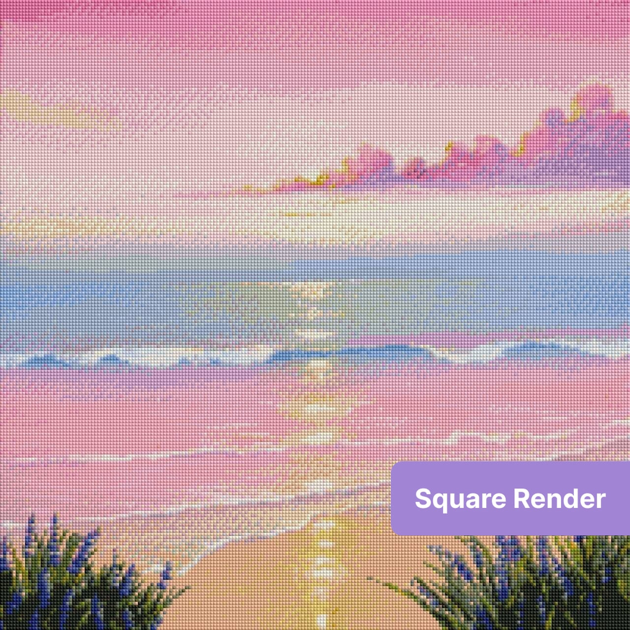 Pastel pink sunset beach scene with shimmering water and lavender flowers in the foreground