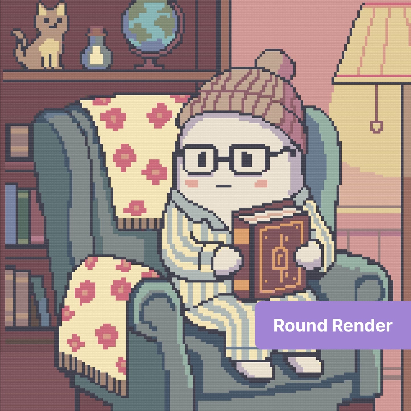 Cartoon cat reading in an armchair with a blanket and warm pastel room decor