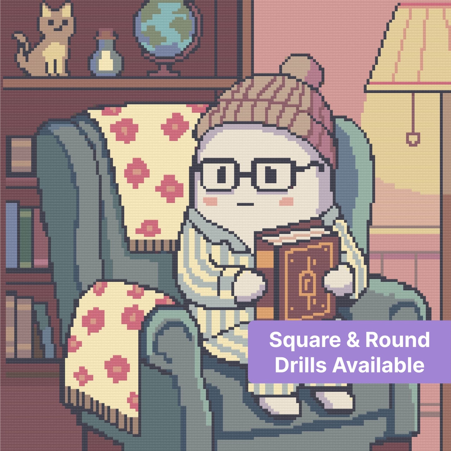 Cartoon cat reading in an armchair with a blanket and warm pastel room decor
