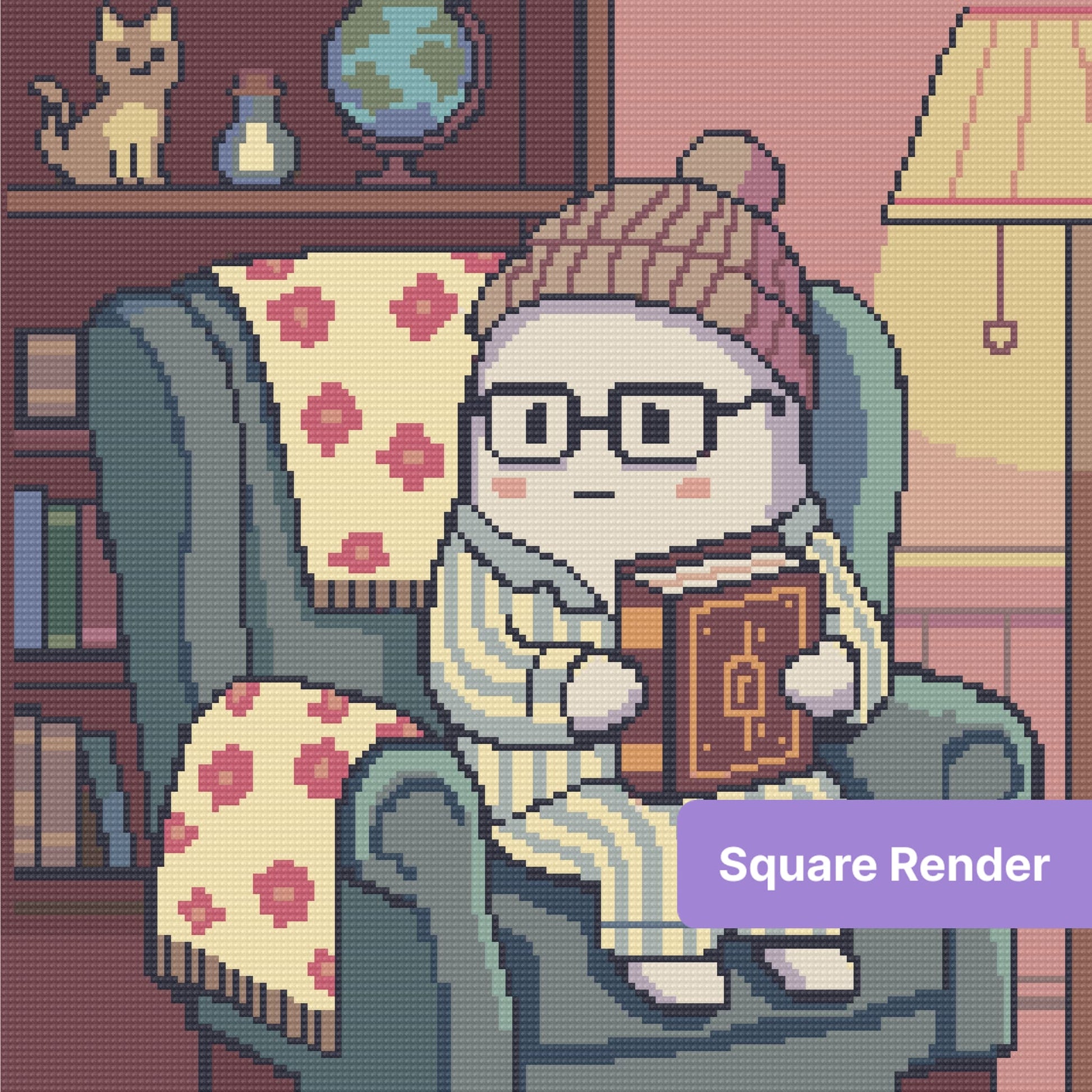 Cartoon cat reading in an armchair with a blanket and warm pastel room decor