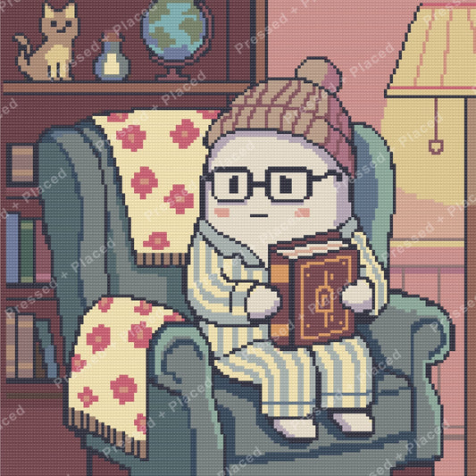 Cartoon cat reading in an armchair with a blanket and warm pastel room decor