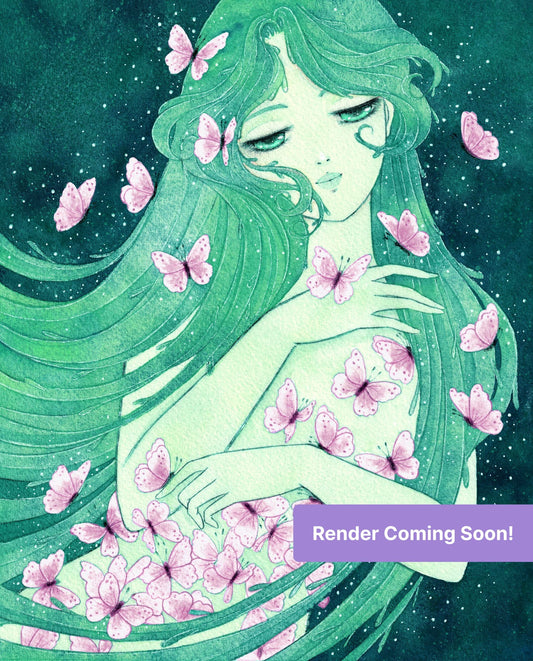 Fantasy fairy girl with long green hair and pink butterflies on a teal background