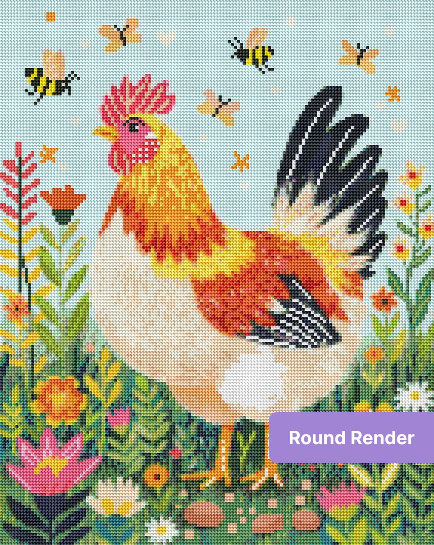 Colorful rooster in a flower garden with butterflies, painted in a whimsical farmhouse style