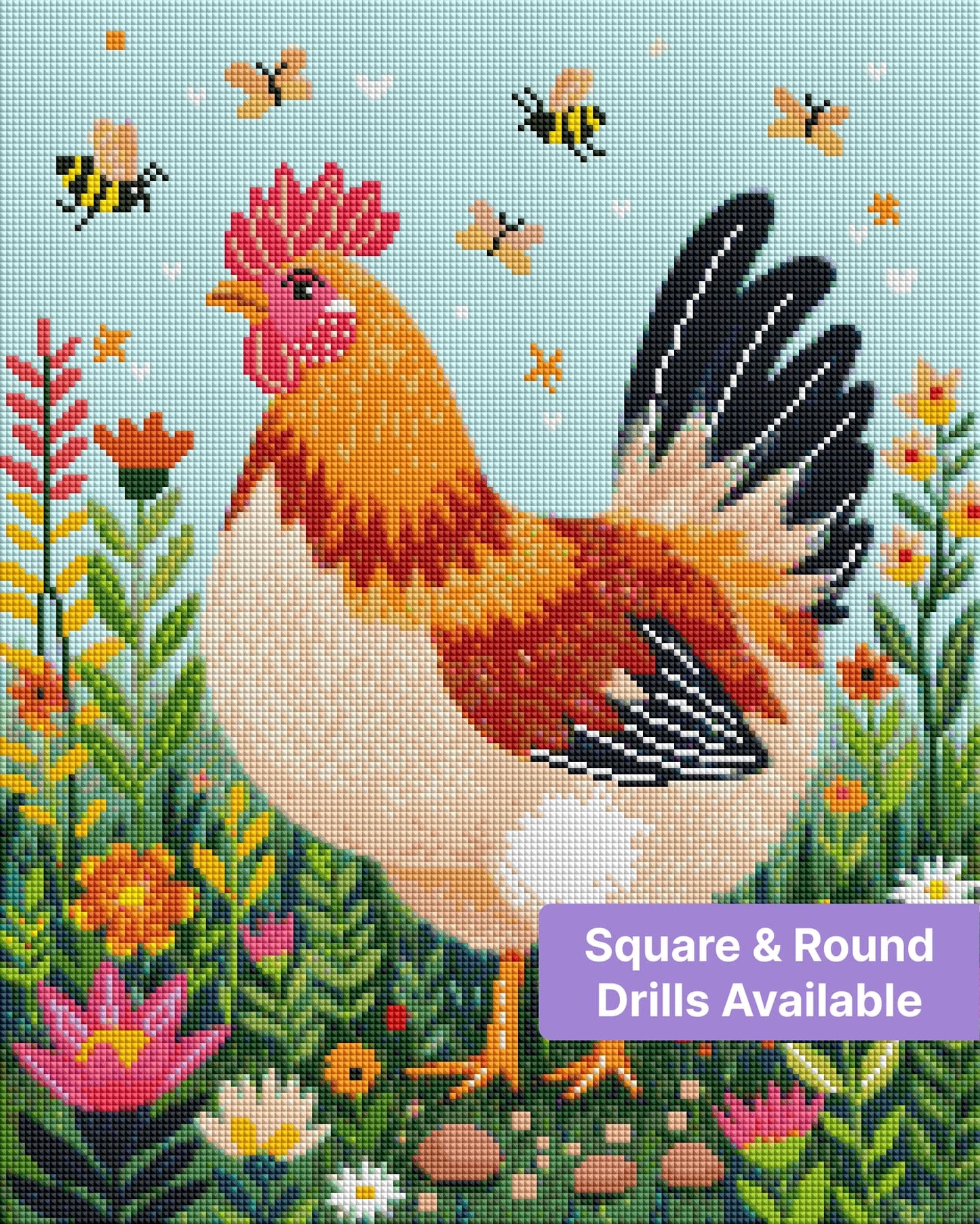 Colorful rooster in a flower garden with butterflies, painted in a whimsical farmhouse style