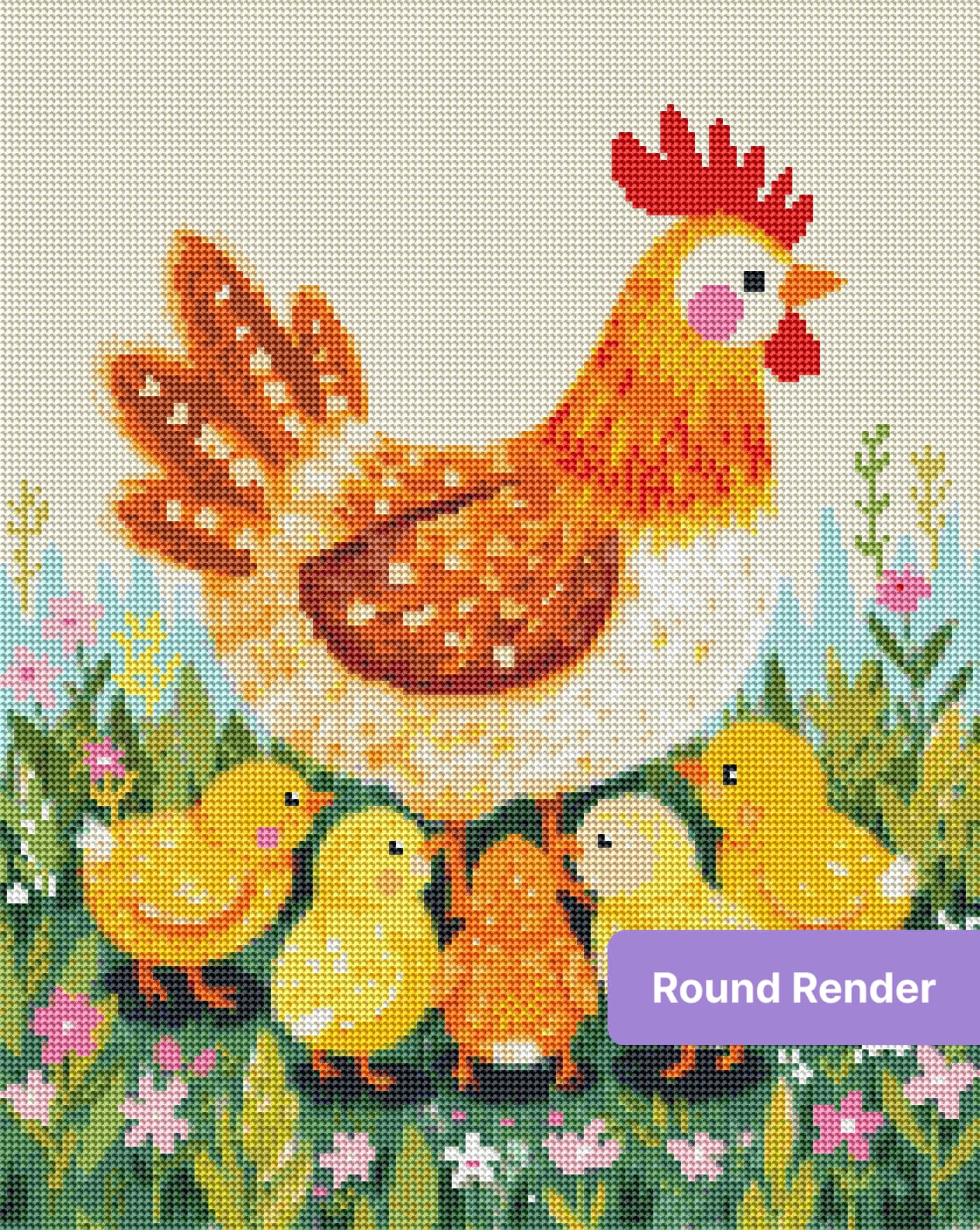 Colorful mother hen with fluffy chicks in a flower-filled meadow, whimsical painted style