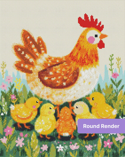 Colorful mother hen with fluffy chicks in a flower-filled meadow, whimsical painted style