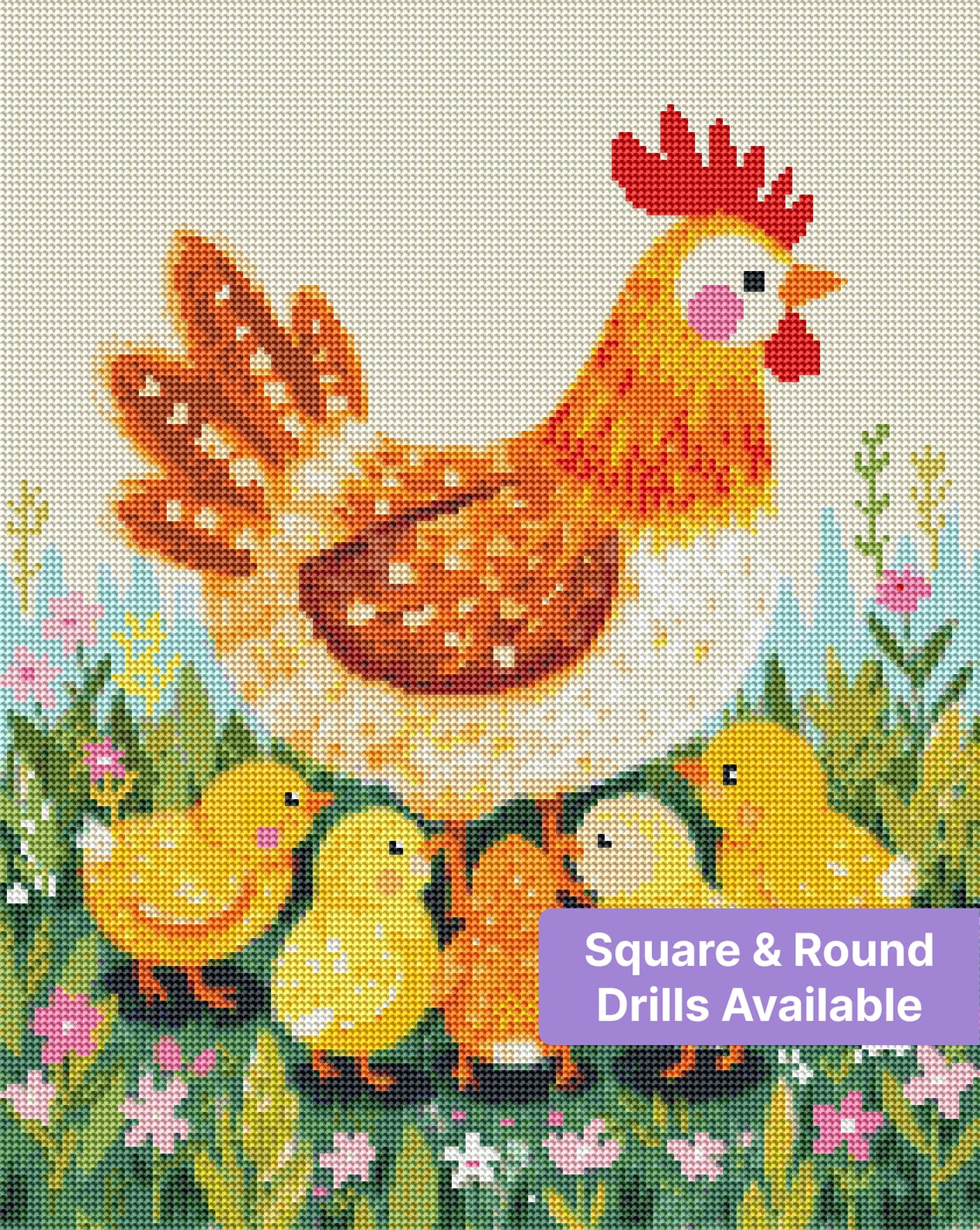 Colorful mother hen with fluffy chicks in a flower-filled meadow, whimsical painted style