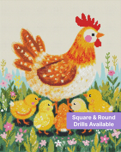 Colorful mother hen with fluffy chicks in a flower-filled meadow, whimsical painted style