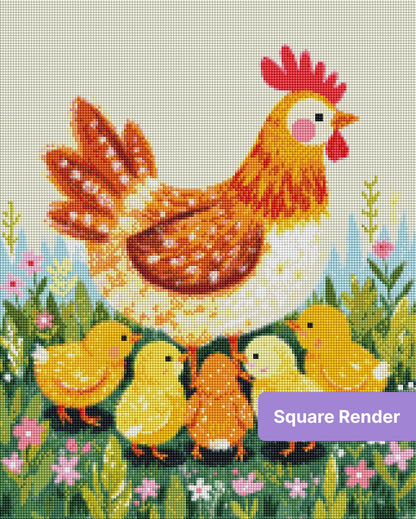 Colorful mother hen with fluffy chicks in a flower-filled meadow, whimsical painted style
