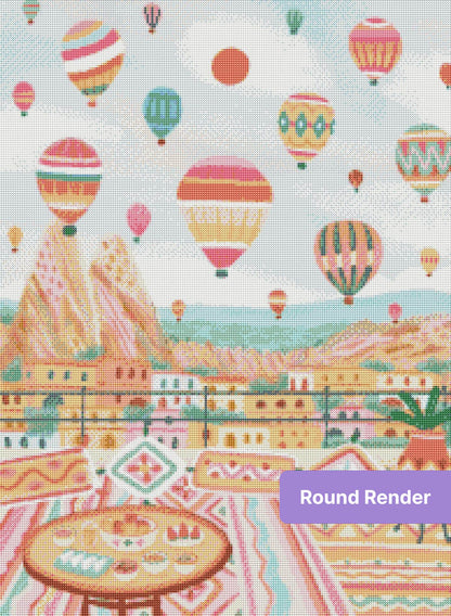 Pastel hot air balloons floating over a colorful hillside cityscape with bohemian patterns