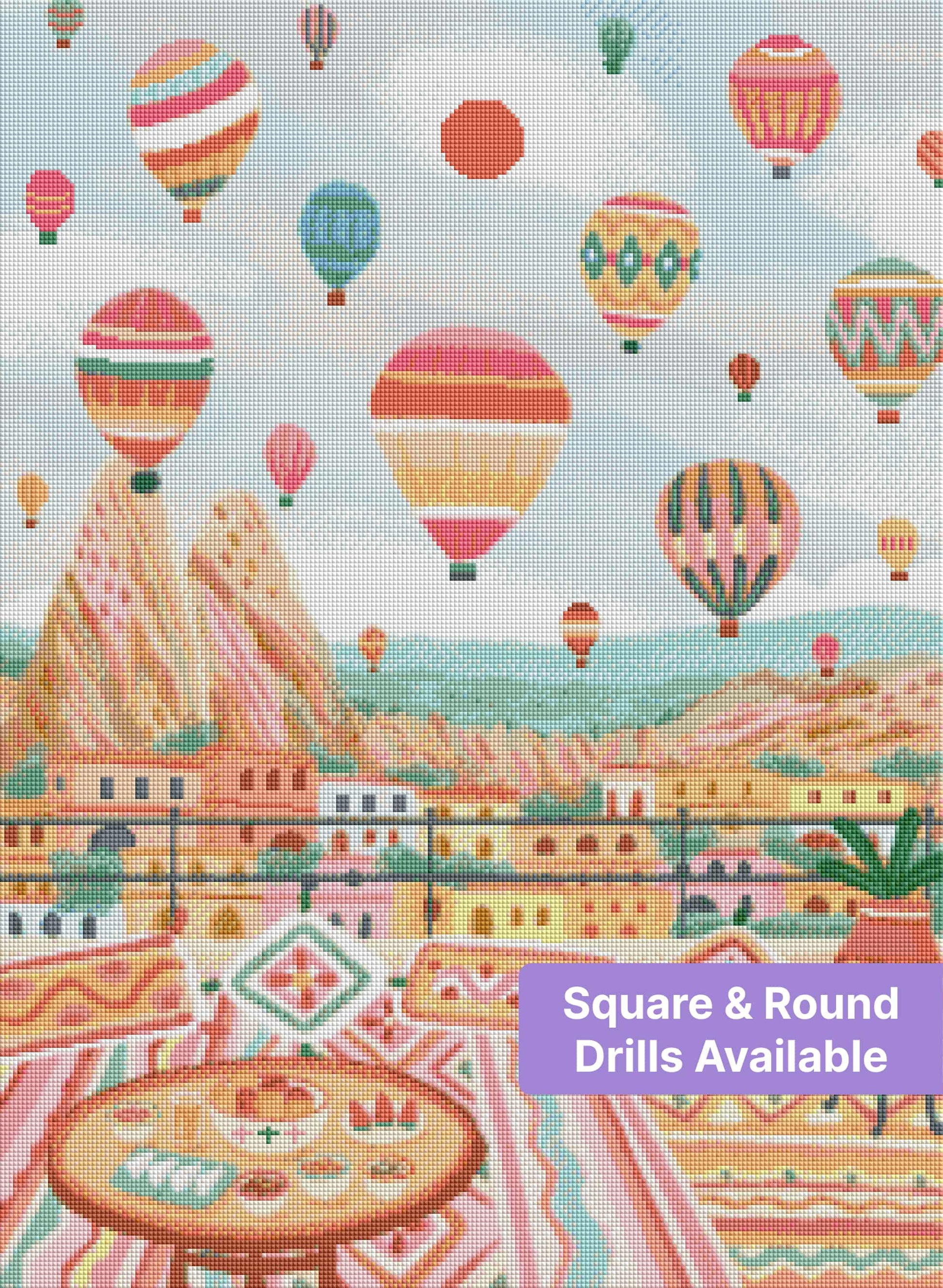 Pastel hot air balloons floating over a colorful hillside cityscape with bohemian patterns