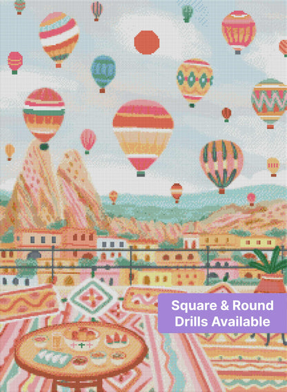 Pastel hot air balloons floating over a colorful hillside cityscape with bohemian patterns