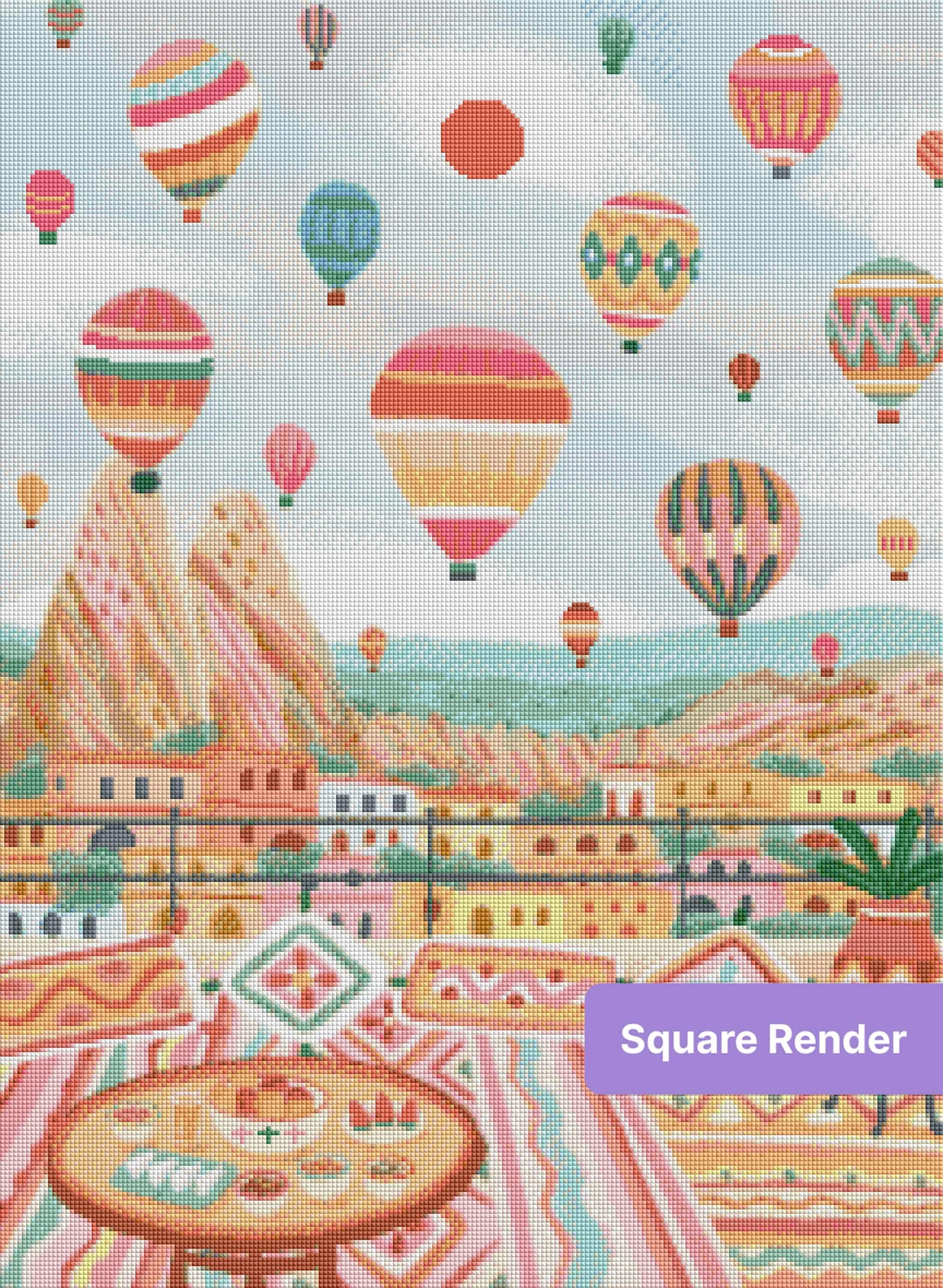 Pastel hot air balloons floating over a colorful hillside cityscape with bohemian patterns