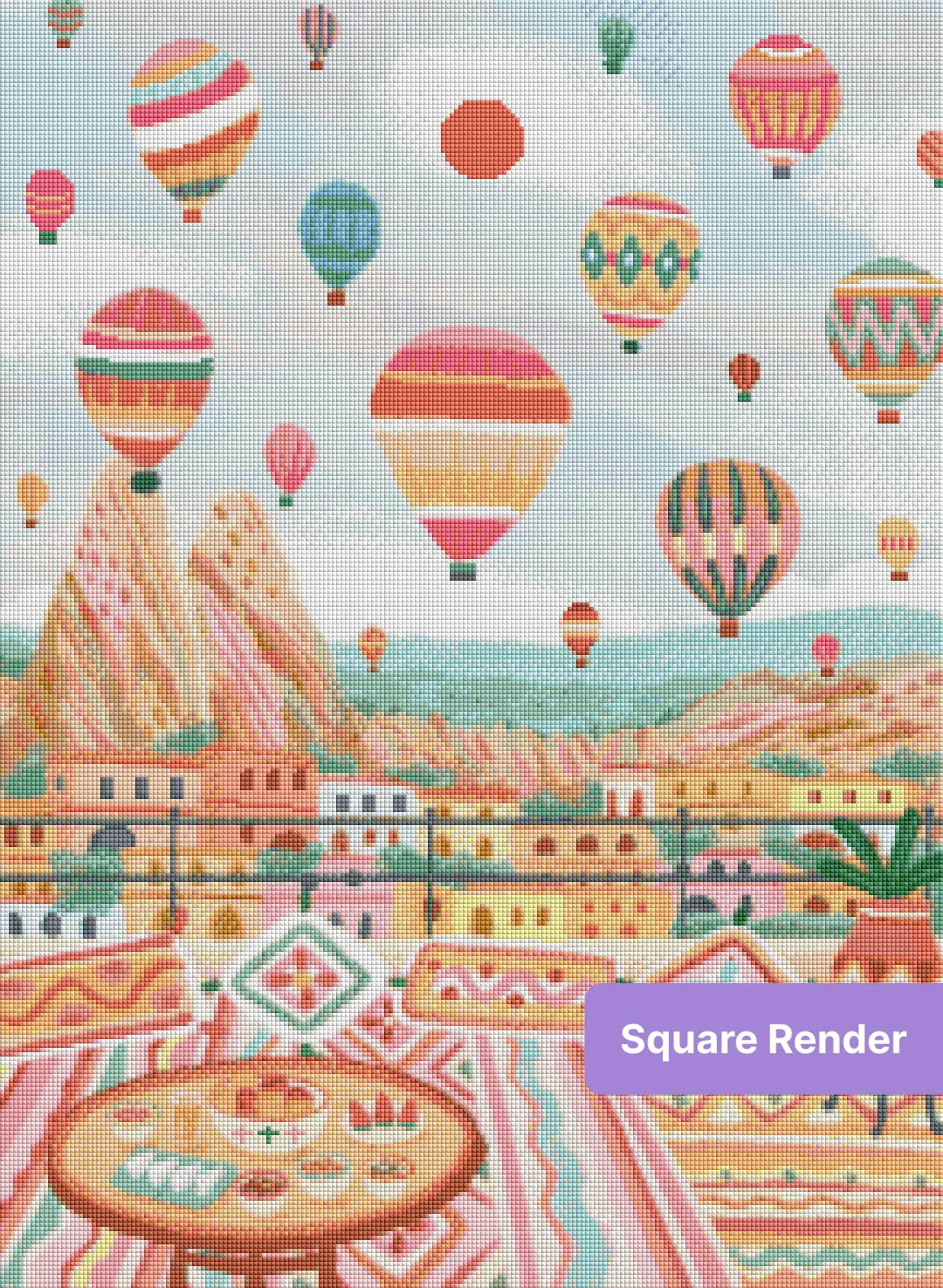 Pastel hot air balloons floating over a colorful hillside cityscape with bohemian patterns