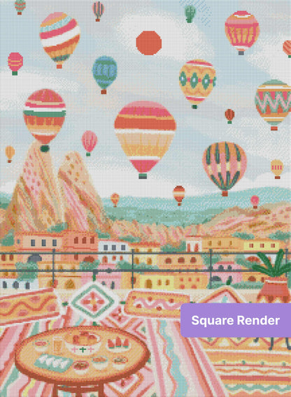 Pastel hot air balloons floating over a colorful hillside cityscape with bohemian patterns
