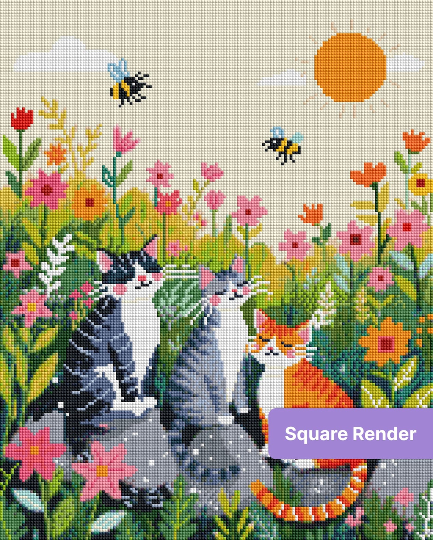 Three cute cats sitting in a colorful flower meadow under a bright sun with bees and blossoms