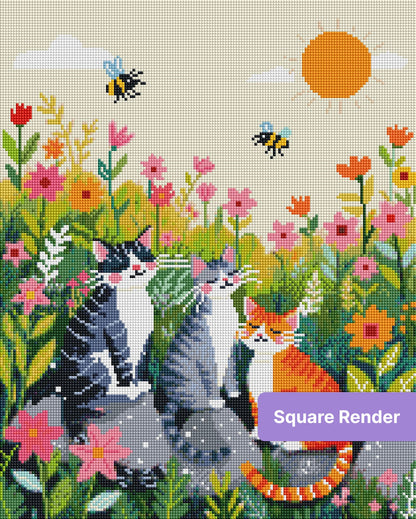 Three cute cats sitting in a colorful flower meadow under a bright sun with bees and blossoms