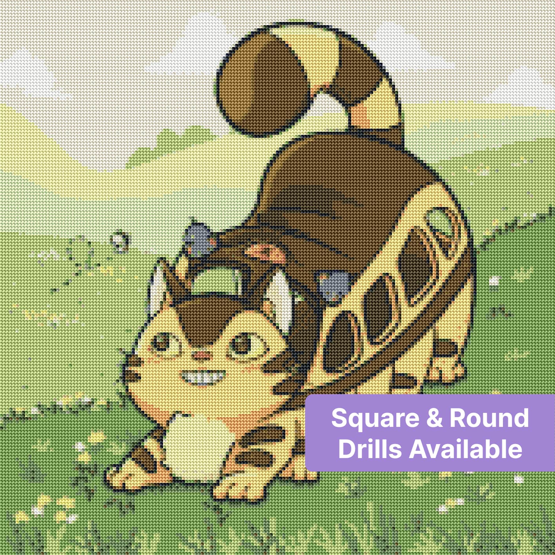 Cartoon cat with fluffy tail in a green meadow, playful animal diamond art style
