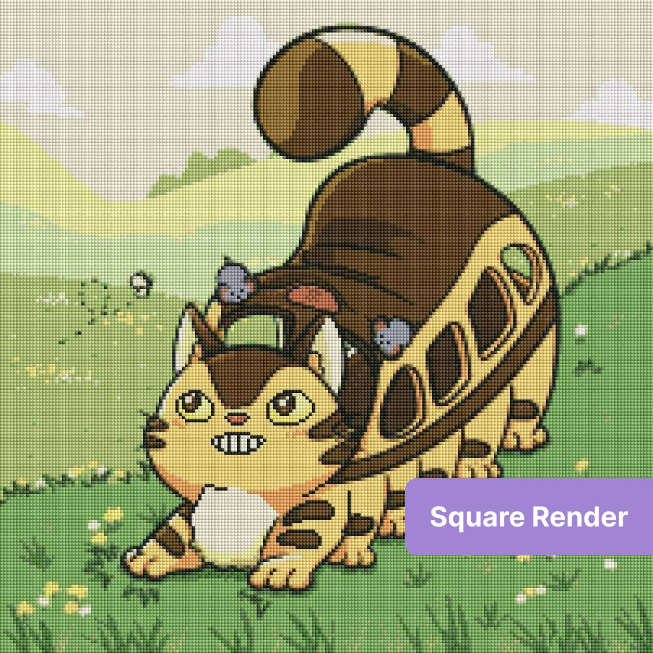 Cartoon cat with fluffy tail in a green meadow, playful animal diamond art style