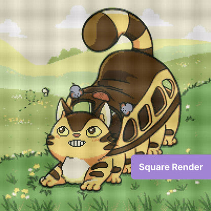 Cartoon cat with fluffy tail in a green meadow, playful animal diamond art style
