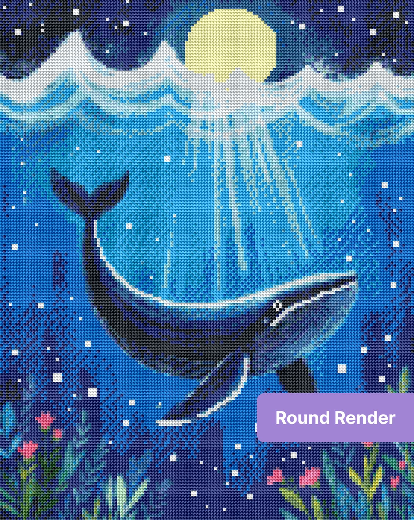 Blue whale under moonlight with ocean waves, glowing beams, and floral accents