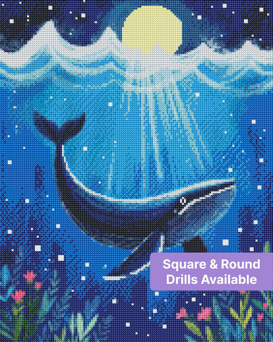 Blue whale under moonlight with ocean waves, glowing beams, and floral accents