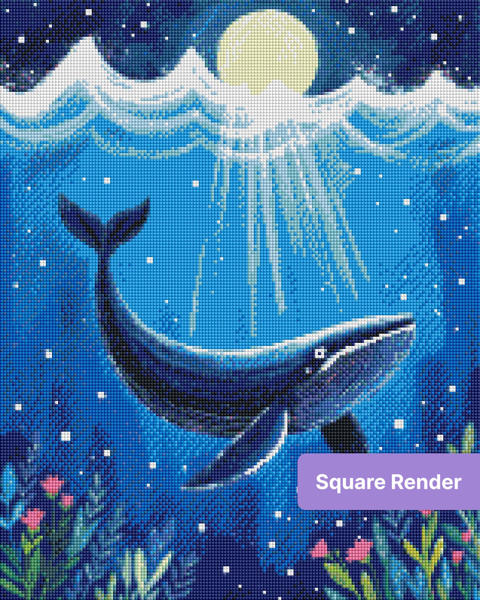 Blue whale under moonlight with ocean waves, glowing beams, and floral accents