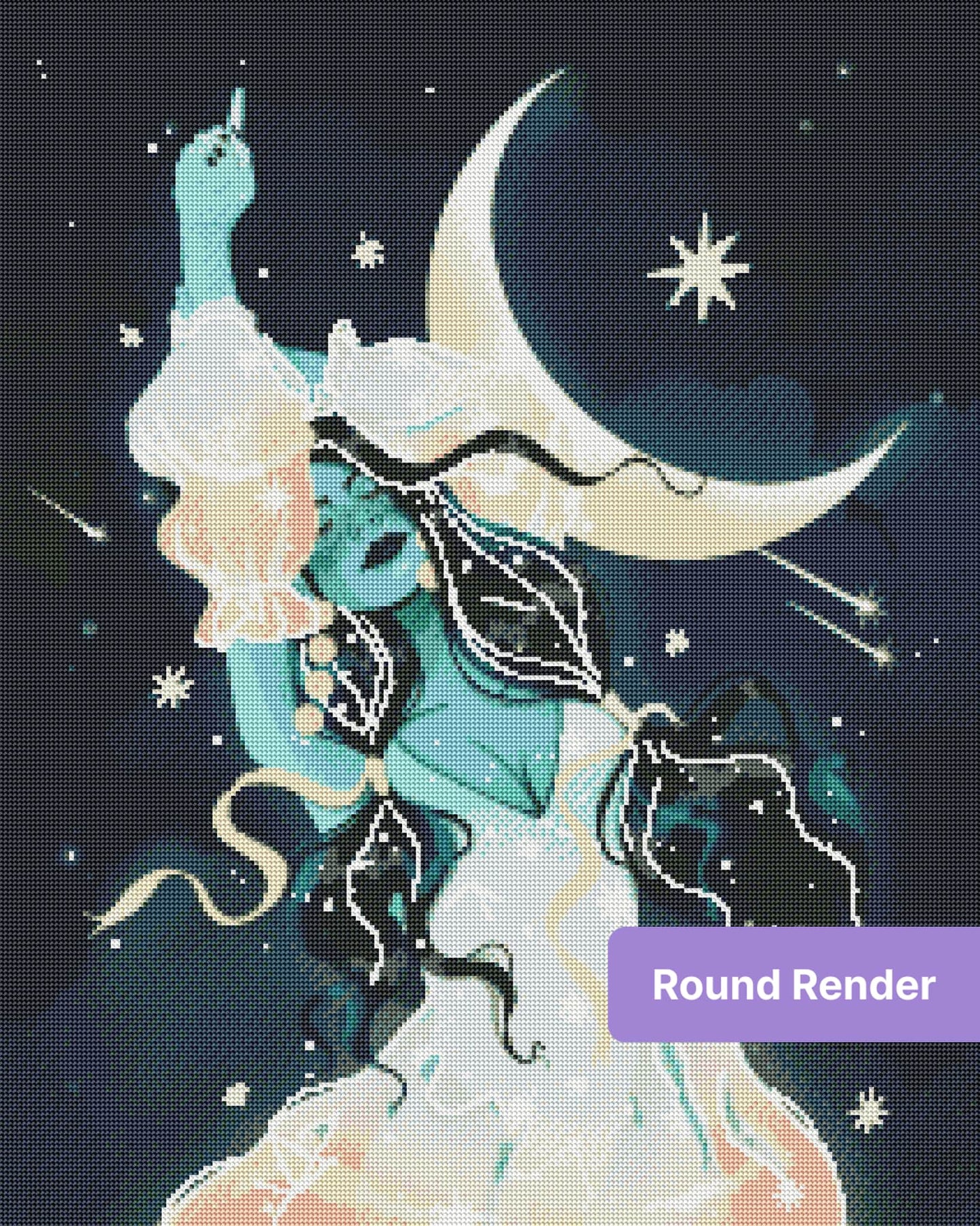 Celestial moon goddess in flowing robes with stars and crescent moon, fantasy style