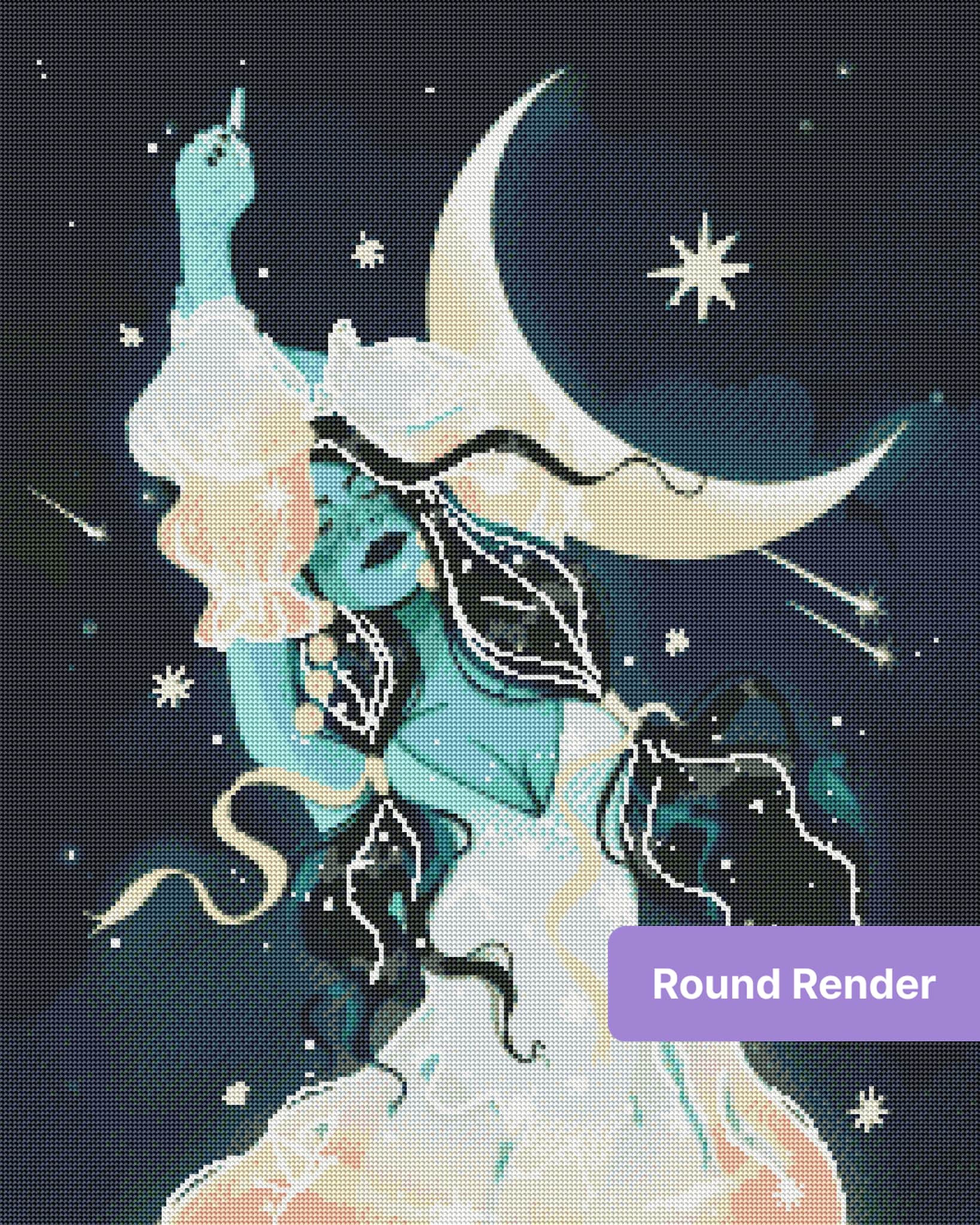 Celestial moon goddess in flowing robes with stars and crescent moon, fantasy style