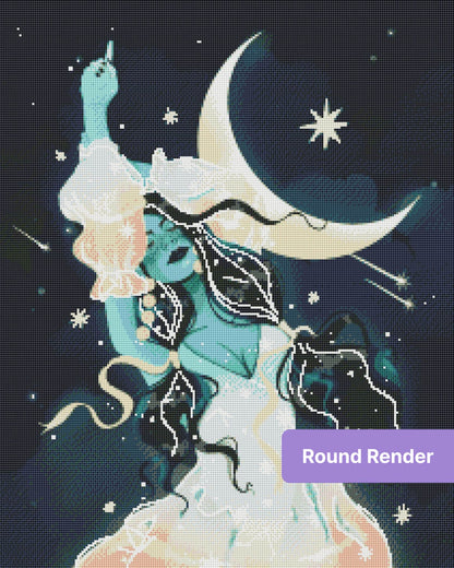 Celestial moon goddess in flowing robes with stars and crescent moon, fantasy style