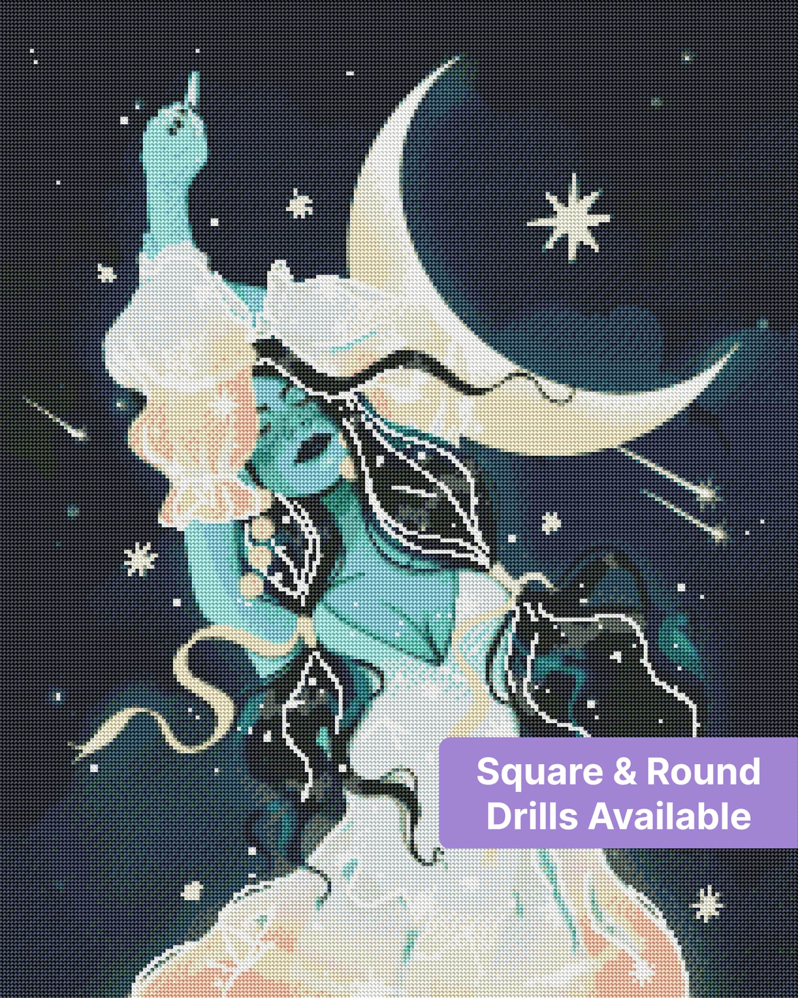 Celestial moon goddess in flowing robes with stars and crescent moon, fantasy style