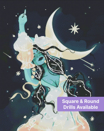 Celestial moon goddess in flowing robes with stars and crescent moon, fantasy style