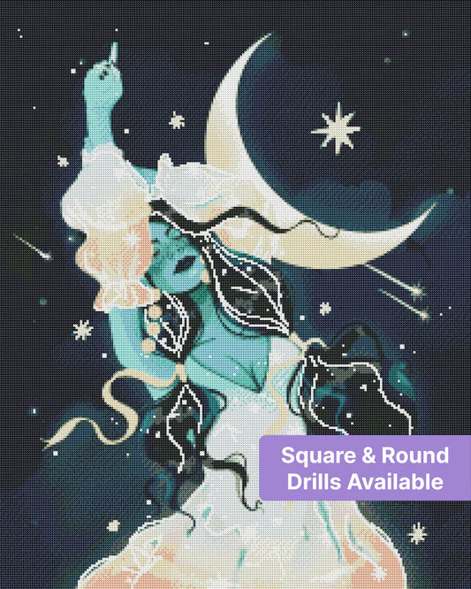 Celestial moon goddess in flowing robes with stars and crescent moon, fantasy style
