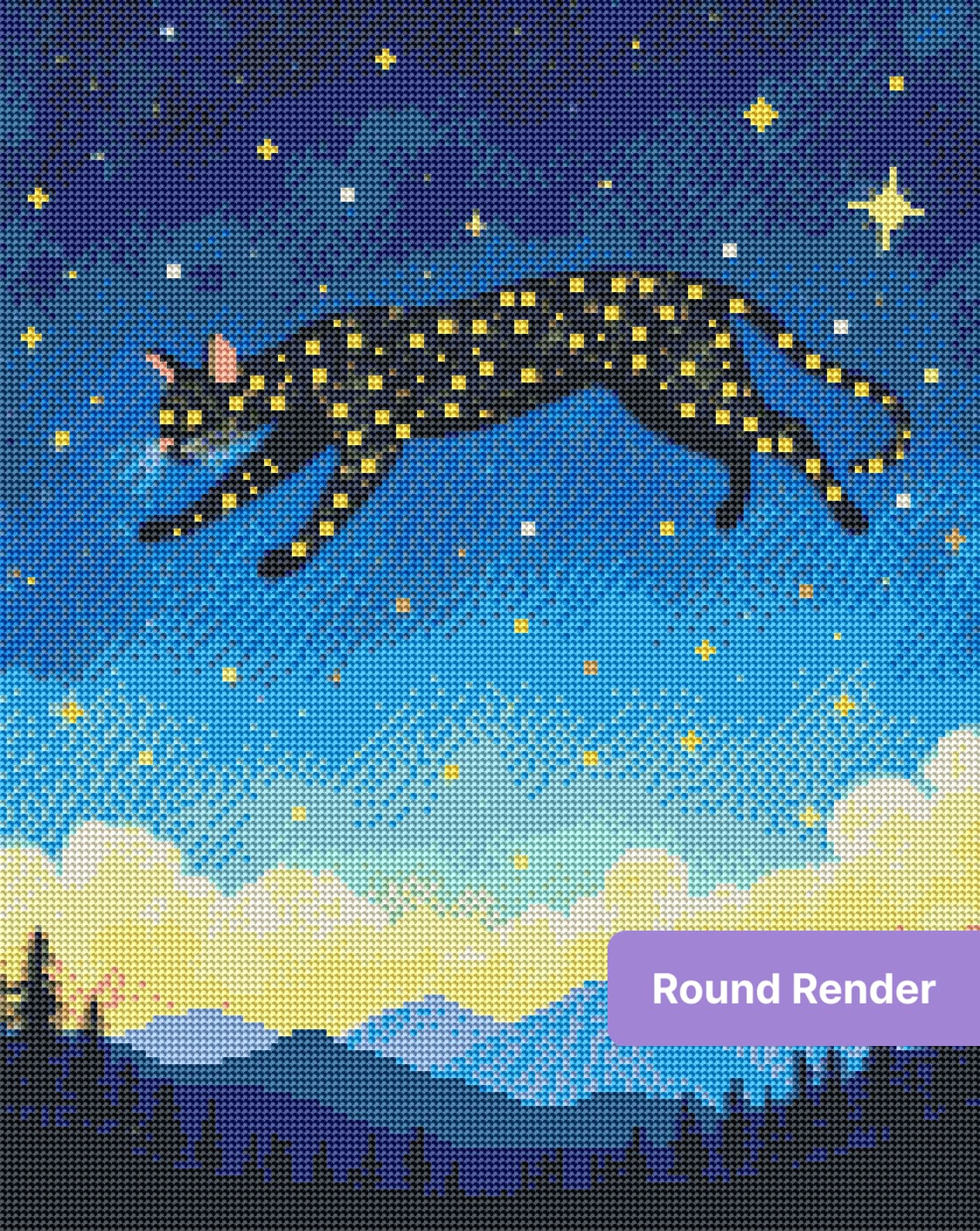 Black cat leaping through a starry sky over mountains and pine trees in a dreamy style