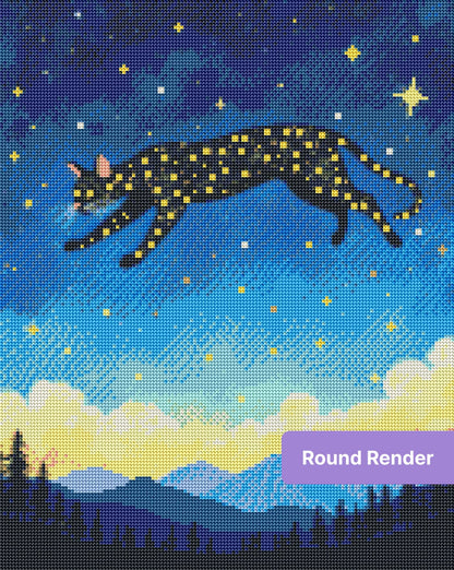 Black cat leaping through a starry sky over mountains and pine trees in a dreamy style