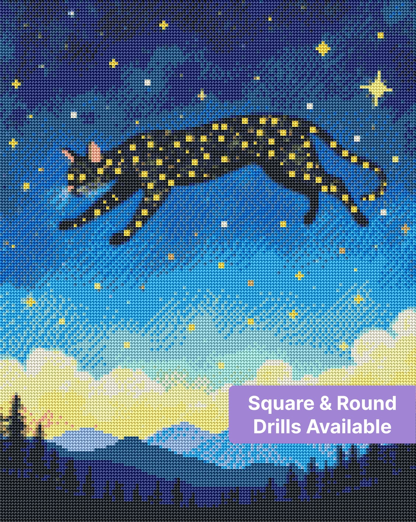 Black cat leaping through a starry sky over mountains and pine trees in a dreamy style